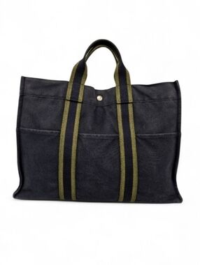 Hermès Fourre Tout GM Canvas and Nylon Tote Bag in Navy and Green Stripe